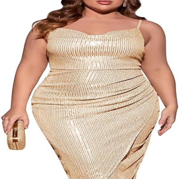 XL ZOMVA 2023 Plus Size Sparkle Sequin Dress Glitter Ruched Spaghetti Strap Midi - Picture 1 of 9